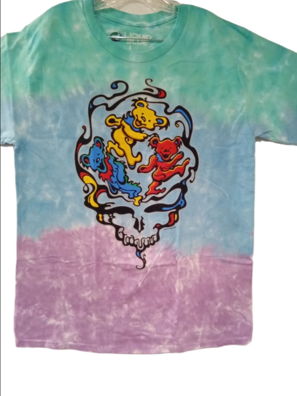 Liquid Blue Tie-Dye Grateful Bear Skull Tee - Blue, Purple, Green L